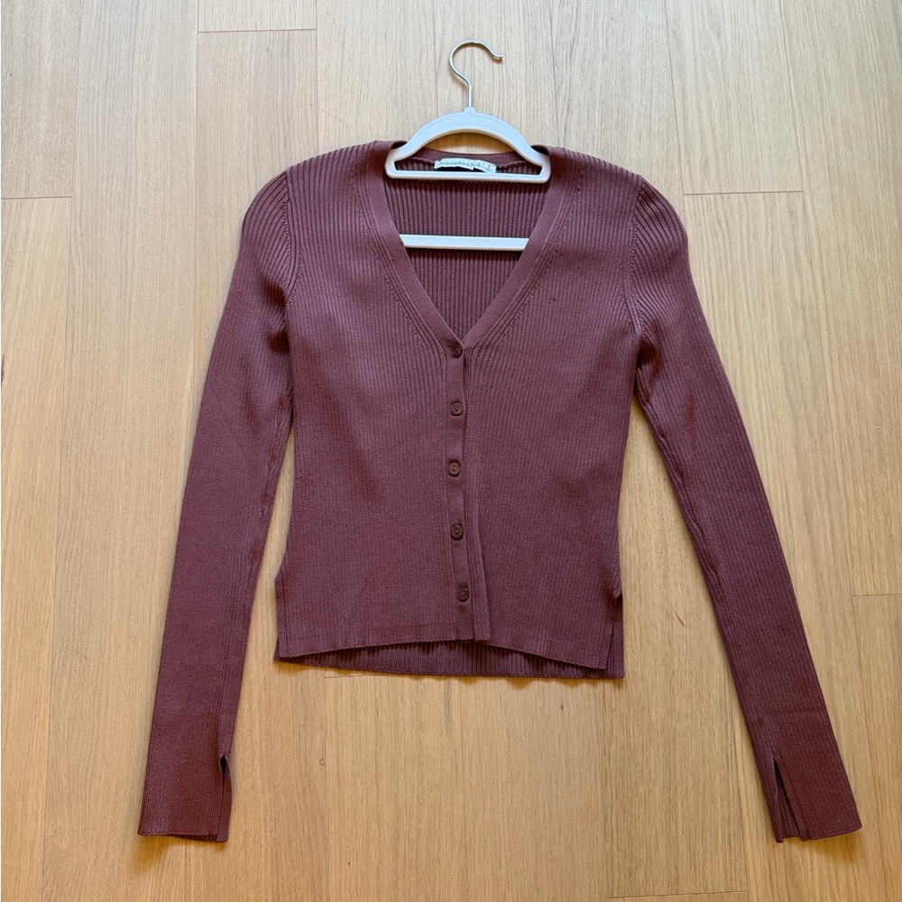 Abercrombie Glossy Slim Cardigan in Brown. Size Small.